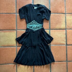 40s Vintage Black Crepe Dress with Teal Sequins
